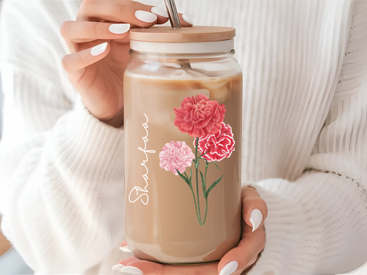 Personalized January Birthflower Carnation 16oz Sipper Glass