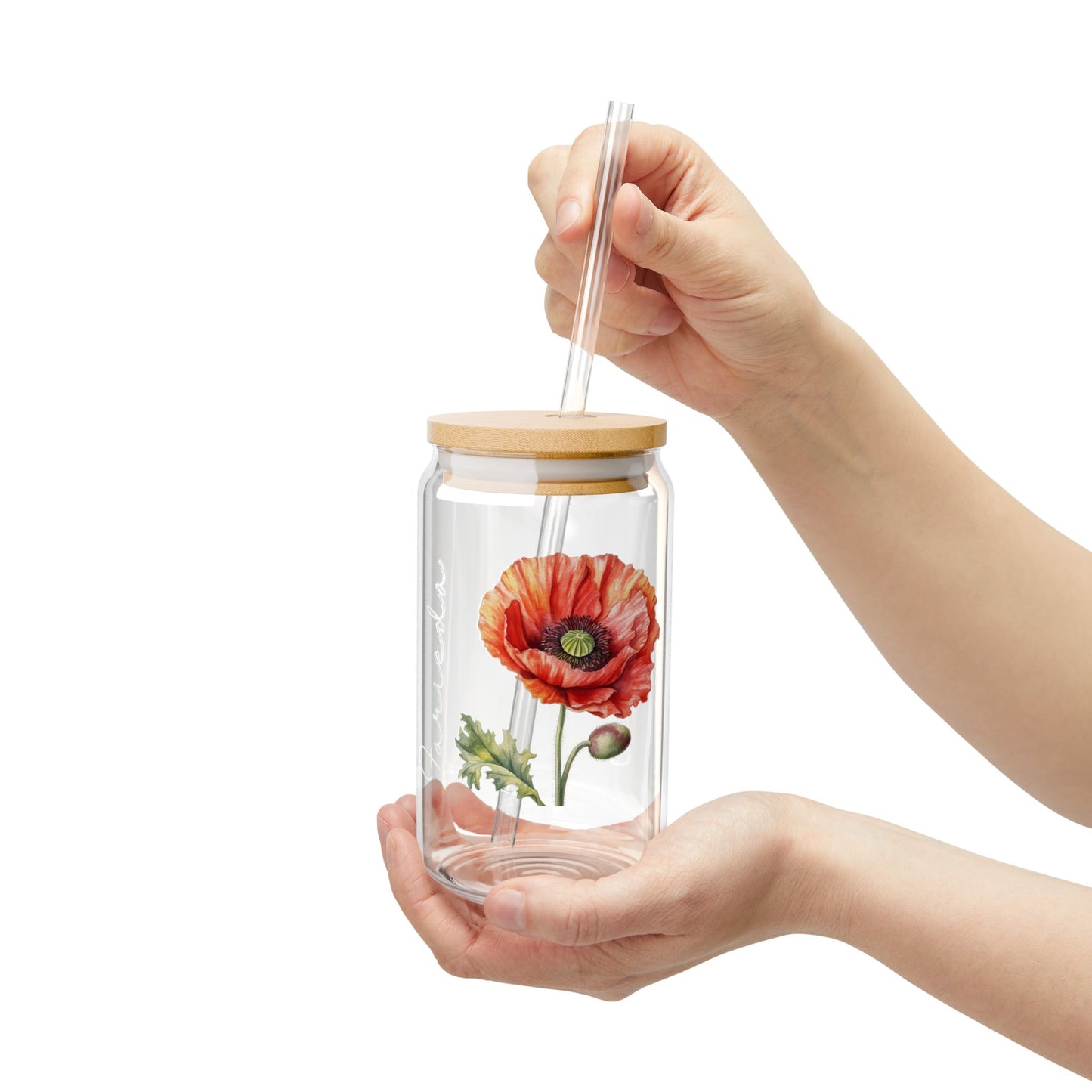 Personalized August Birthflower Poppy 16oz Sipper Glass