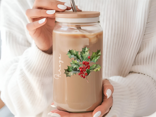 Personalized December Birthflower Holly 16oz Sipper Glass