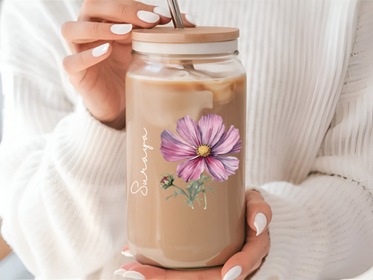 Personalized October Birthflower Cosmos 16oz Sipper Glass