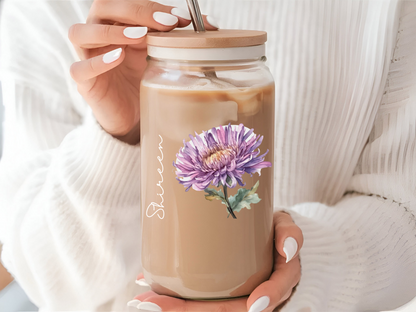 Personalized September Birthflower Aster 16oz Sipper Glass