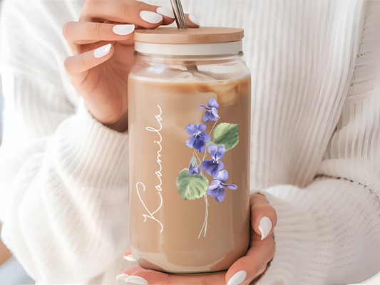 Personalized February Birthflower Violet 16oz Sipper Glass